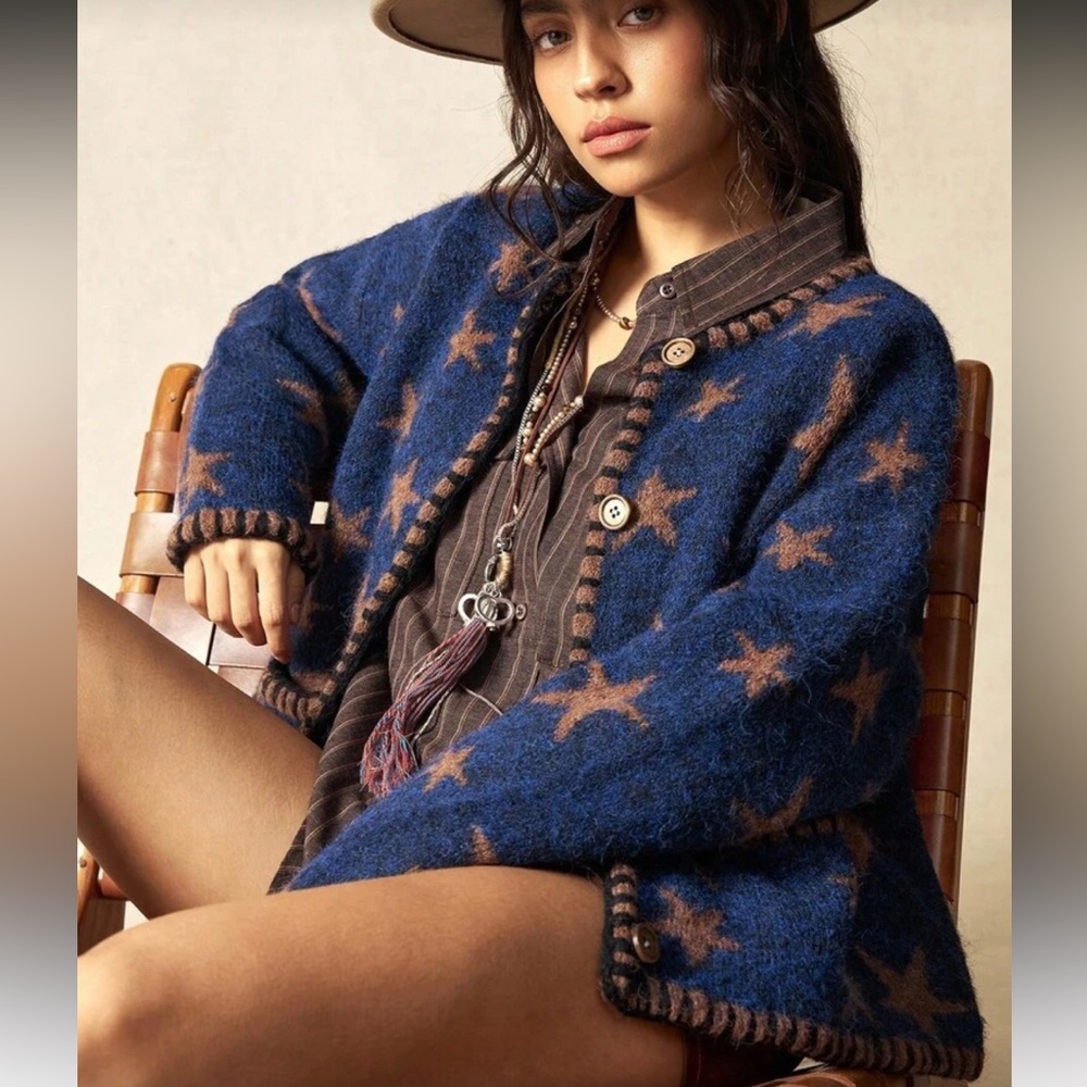 Star knit cardigan pocket Patterned Blue and golden Brown Women's Sweater - Picture 3 of 7
